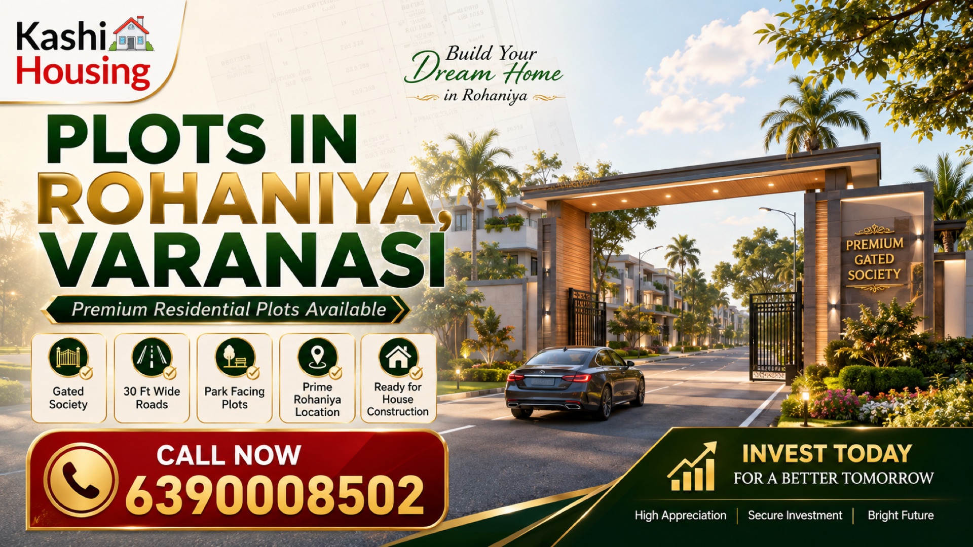 Plots in Rohaniya Varanasi — Premium Gated Society, Gated Society, 30 Ft Wide Roads, Park Facing, Ready for Construction | Kashi Housing